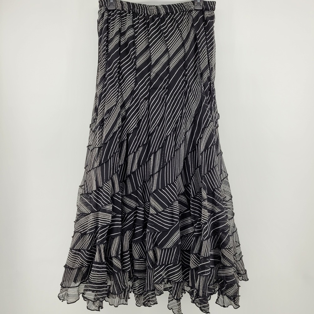 Zashi Boho Whimsigoth Black Silver Striped Tiered Ruffle Maxi Skirt Womens M